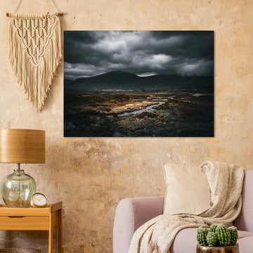 West Highland Way wall art featuring a moody Scottish Highlands landscape with dramatic storm clouds and winding river.