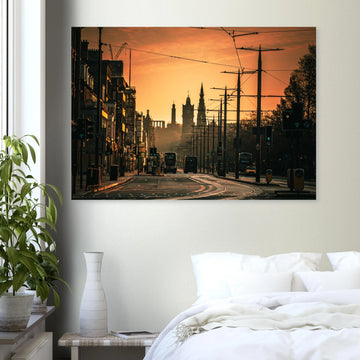 Edinburgh Princes Street sunrise wall art with Balmoral clock tower and Calton Hill under moody sky