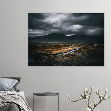 West Highland Way wall art featuring a moody Scottish Highlands landscape with dramatic storm clouds and winding river.