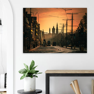 Edinburgh Princes Street sunrise wall art with Balmoral clock tower and Calton Hill under moody sky