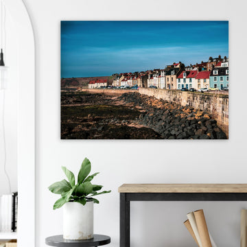 Pittenweem village wall art with white cottages and red roofs along narrow East Neuk street