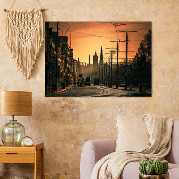 Edinburgh Princes Street sunrise wall art with Balmoral clock tower and Calton Hill under moody sky
