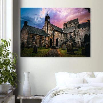 Torphichen Preceptory sunset wall art with medieval tower and church silhouetted against golden sky