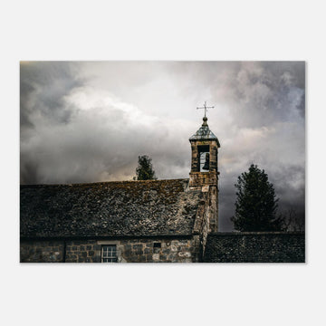 Torphichen parish church tower stormy sky wall art with kirk and medieval tower under dark clouds