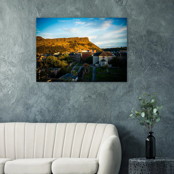 Arthur’s Seat sunset wall art with hill silhouette and glowing sky over Edinburgh cityscape