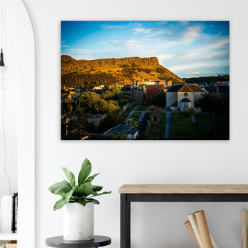 Arthur’s Seat sunset wall art with hill silhouette and glowing sky over Edinburgh cityscape