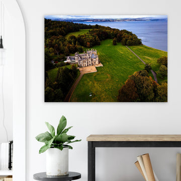 Dalmeny House aerial wall art showing Tudor Gothic mansion, lawns and surrounding woodland