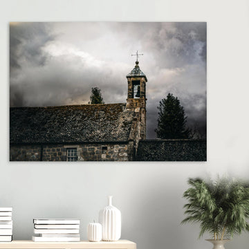 Torphichen parish church tower stormy sky wall art with kirk and medieval tower under dark clouds