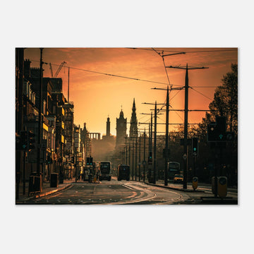 Edinburgh Princes Street sunrise wall art with Balmoral clock tower and Calton Hill under moody sky