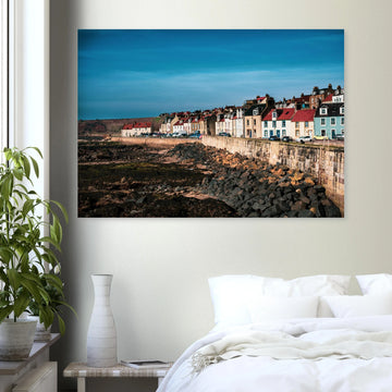 Pittenweem village wall art with white cottages and red roofs along narrow East Neuk street