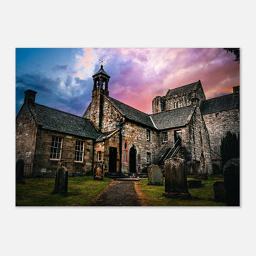 Torphichen Preceptory sunset wall art with medieval tower and church silhouetted against golden sky