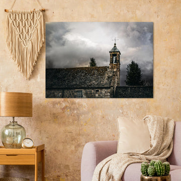 Torphichen parish church tower stormy sky wall art with kirk and medieval tower under dark clouds
