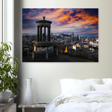 Edinburgh Calton Hill sunset wall art with Dugald Stewart Monument and moody sky over city skyline