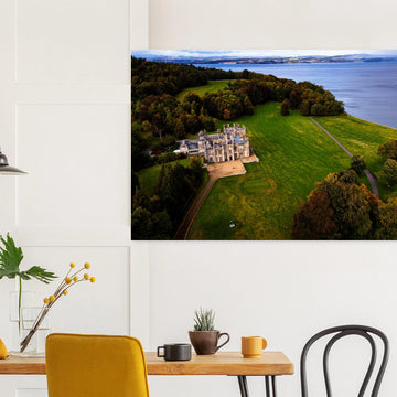 Dalmeny House aerial wall art showing Tudor Gothic mansion, lawns and surrounding woodland
