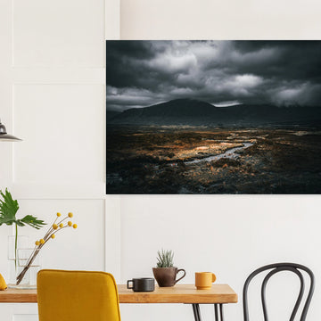 West Highland Way wall art featuring a moody Scottish Highlands landscape with dramatic storm clouds and winding river.