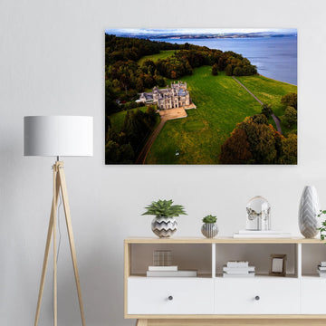 Dalmeny House aerial wall art showing Tudor Gothic mansion, lawns and surrounding woodland