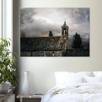 Torphichen parish church tower stormy sky wall art with kirk and medieval tower under dark clouds