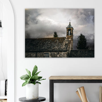 Torphichen parish church tower stormy sky wall art with kirk and medieval tower under dark clouds