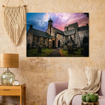 Torphichen Preceptory sunset wall art with medieval tower and church silhouetted against golden sky