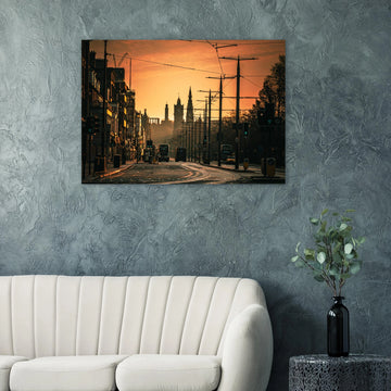 Edinburgh Princes Street sunrise wall art with Balmoral clock tower and Calton Hill under moody sky