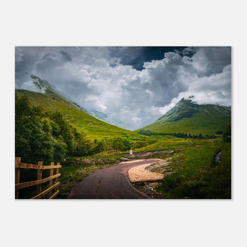 Glencoe orbital route stormy sky wall art with path leading through trees towards Pap of Glencoe under dark clouds