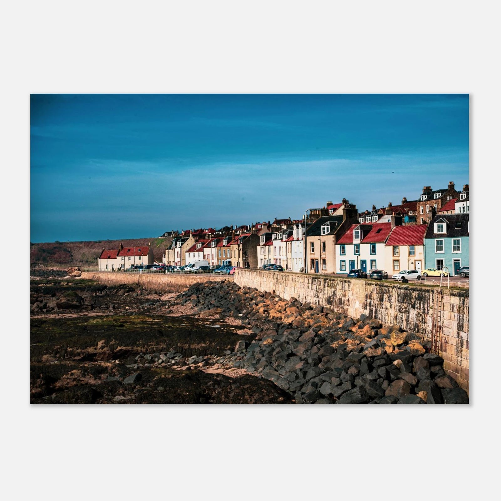 Pittenweem village wall art with white cottages and red roofs along narrow East Neuk street