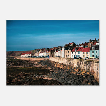 Pittenweem village wall art with white cottages and red roofs along narrow East Neuk street