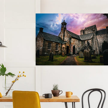 Torphichen Preceptory sunset wall art with medieval tower and church silhouetted against golden sky