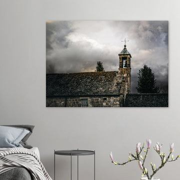 Torphichen parish church tower stormy sky wall art with kirk and medieval tower under dark clouds