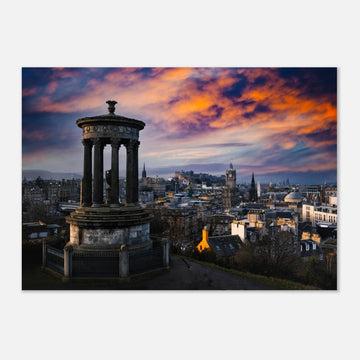 Edinburgh Calton Hill sunset wall art with Dugald Stewart Monument and moody sky over city skyline