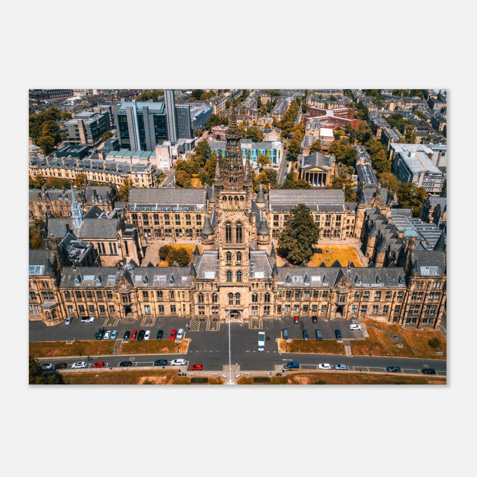 Glasgow University aerial wall art showing tower and Kelvingrove Park