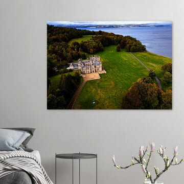 Dalmeny House aerial wall art showing Tudor Gothic mansion, lawns and surrounding woodland