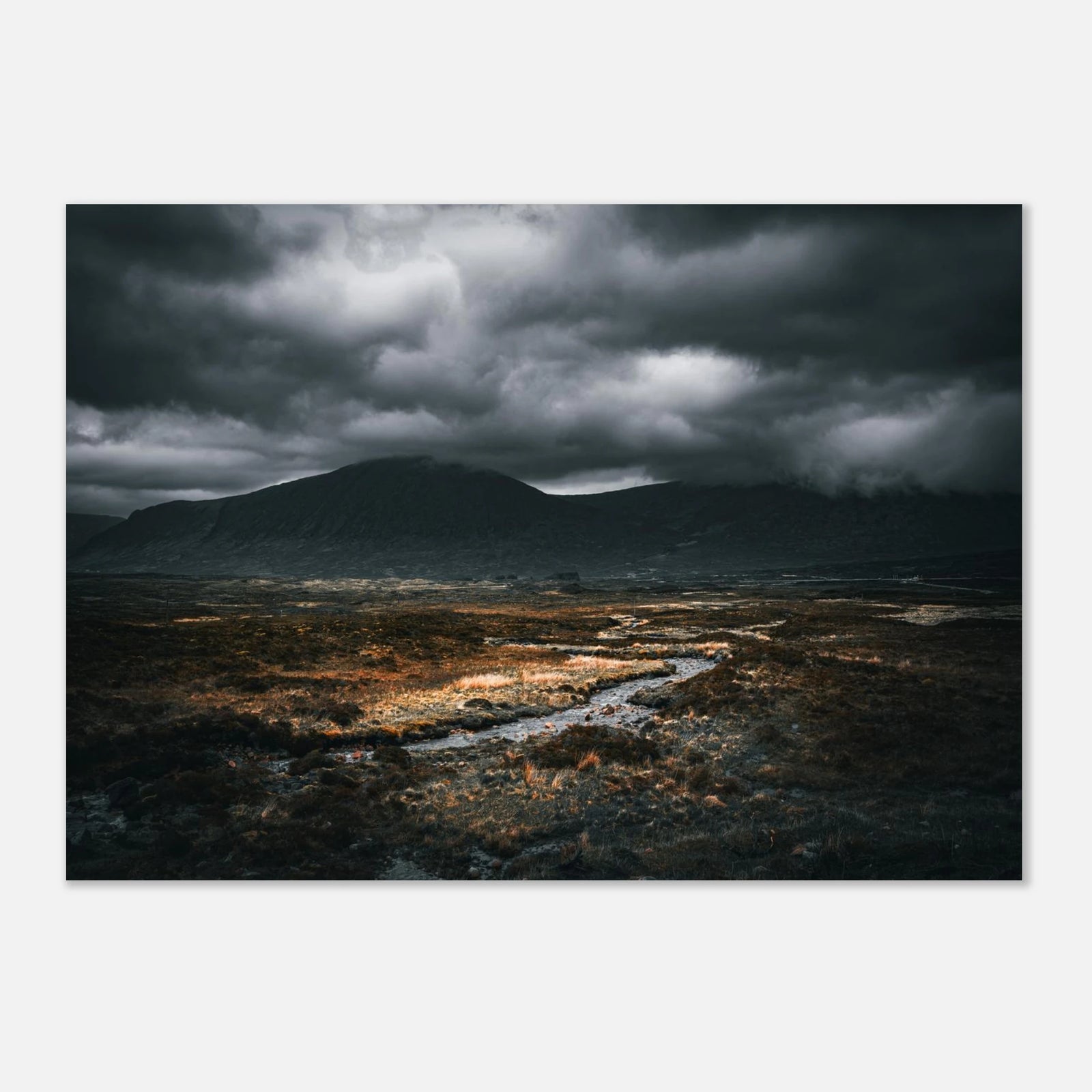 West Highland Way wall art featuring a moody Scottish Highlands landscape with dramatic storm clouds and winding river.