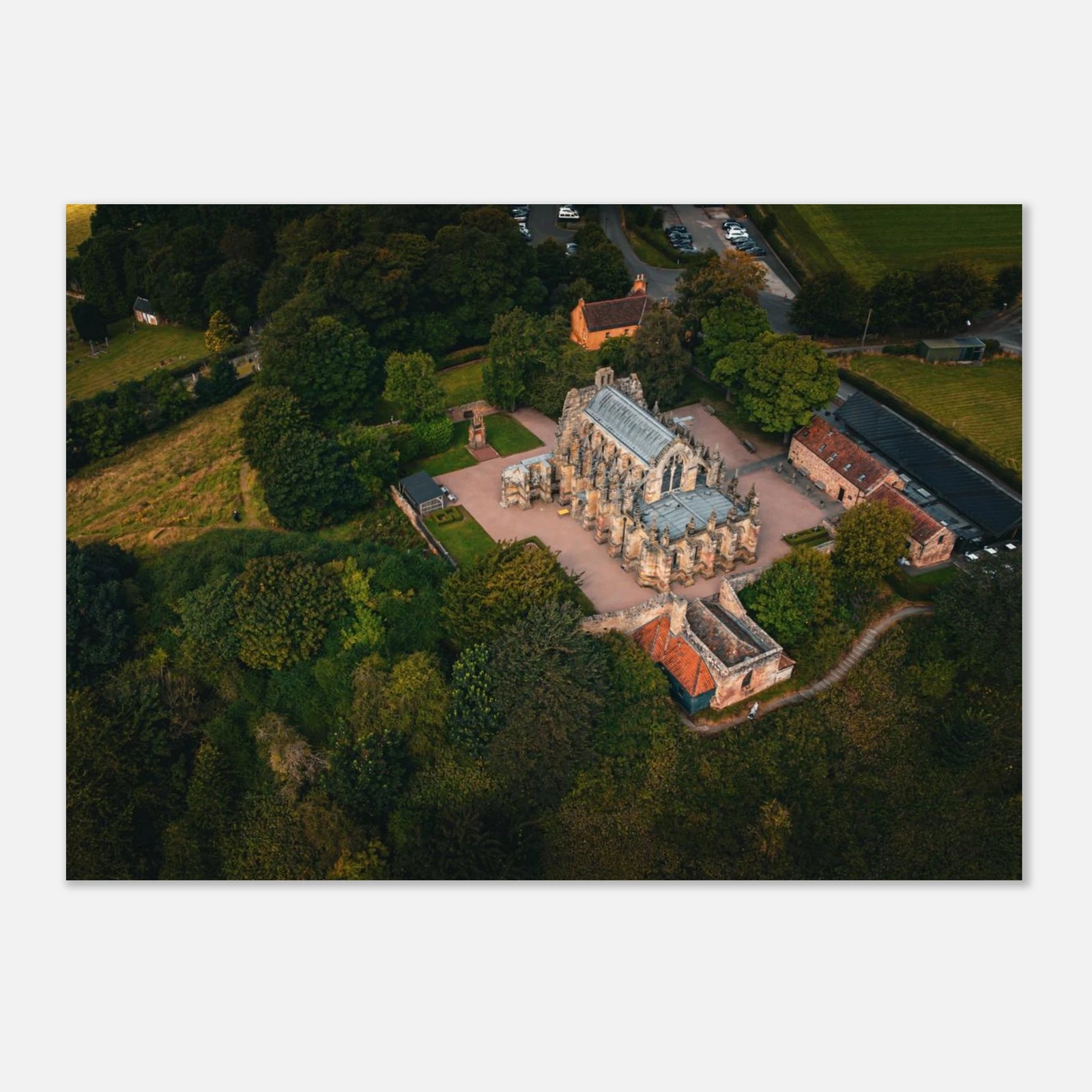 Rosslyn Chapel aerial wall art showing chapel roof, churchyard and Roslin Glen trees