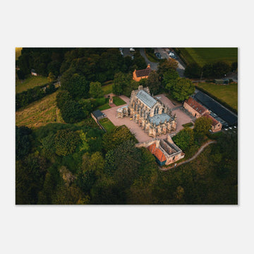 Rosslyn Chapel aerial wall art showing chapel roof, churchyard and Roslin Glen trees