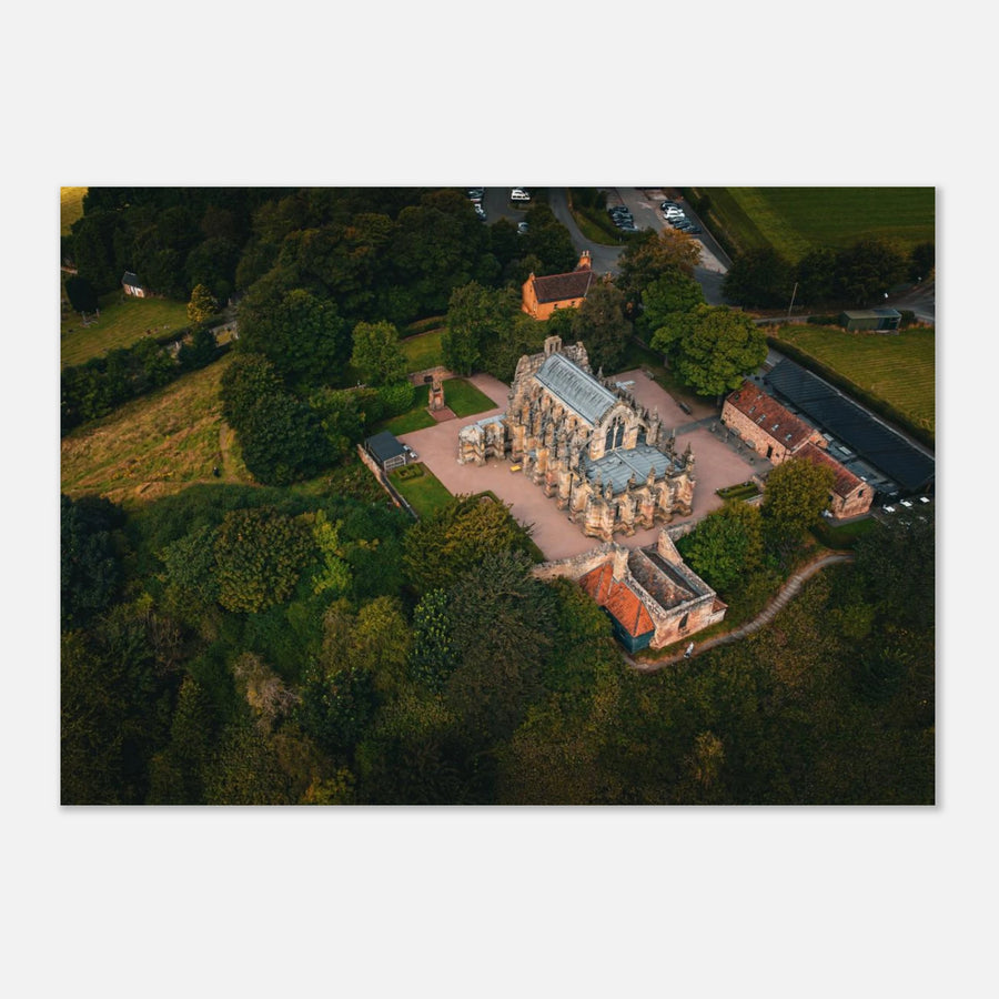 Rosslyn Chapel aerial wall art showing chapel roof, churchyard and Roslin Glen trees
