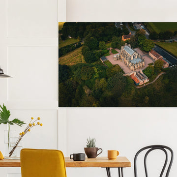 Rosslyn Chapel aerial wall art showing chapel roof, churchyard and Roslin Glen trees