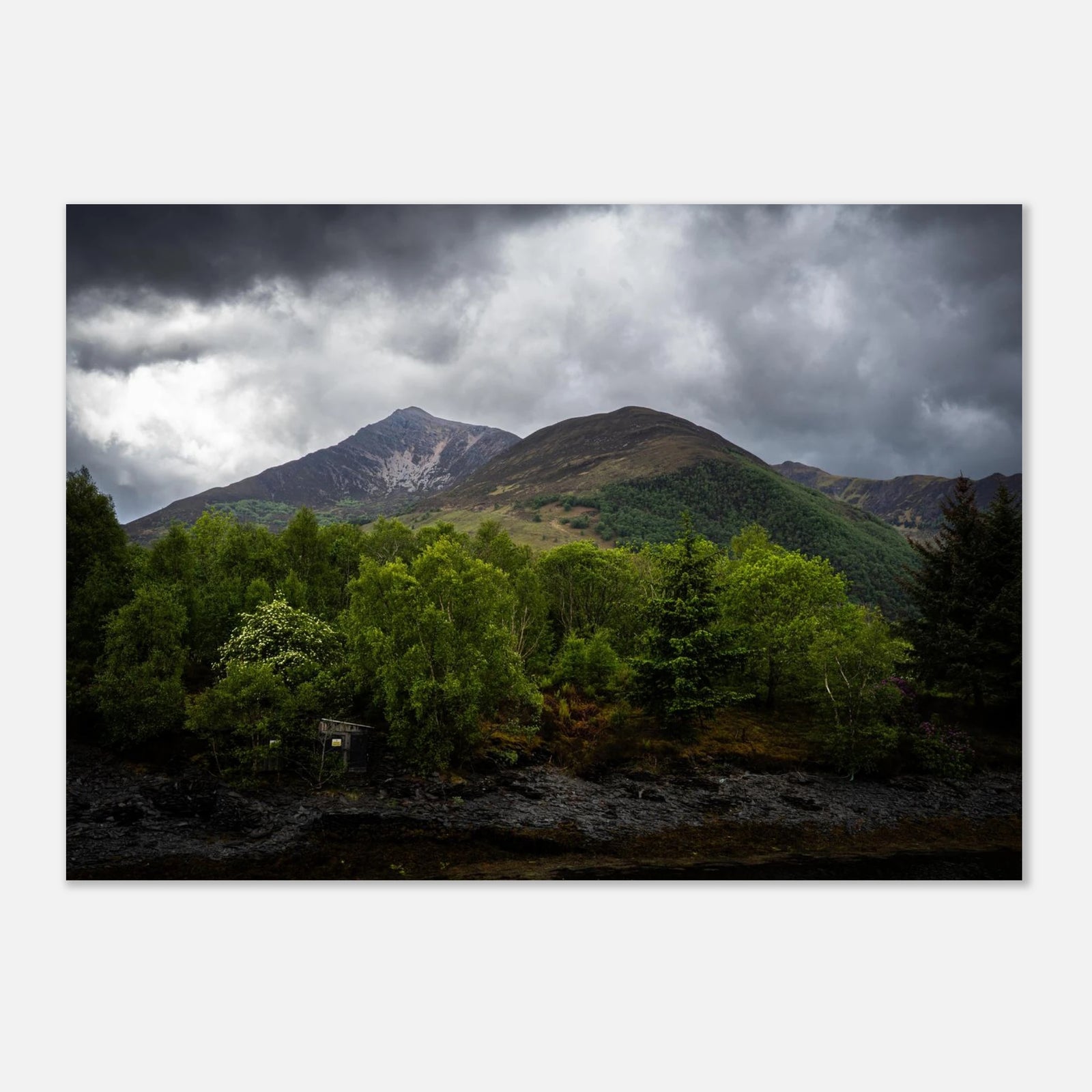 Glencoe and Glen Etive wall art showing bright green trees in front of rocky Highland mountains under dark storm clouds in the Scottish glen