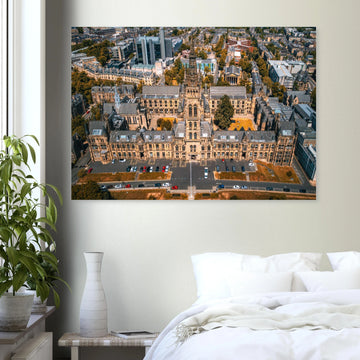 Glasgow University aerial wall art showing tower and Kelvingrove Park
