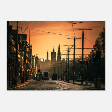 Edinburgh Princes Street sunrise wall art with Balmoral clock tower and Calton Hill under moody sky