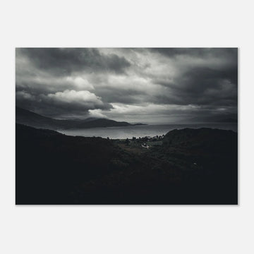 Loch Linnhe Scottish Highlands wall art showing a dark moody view over the sea loch with distant hills and heavy storm clouds above the Scottish coastline