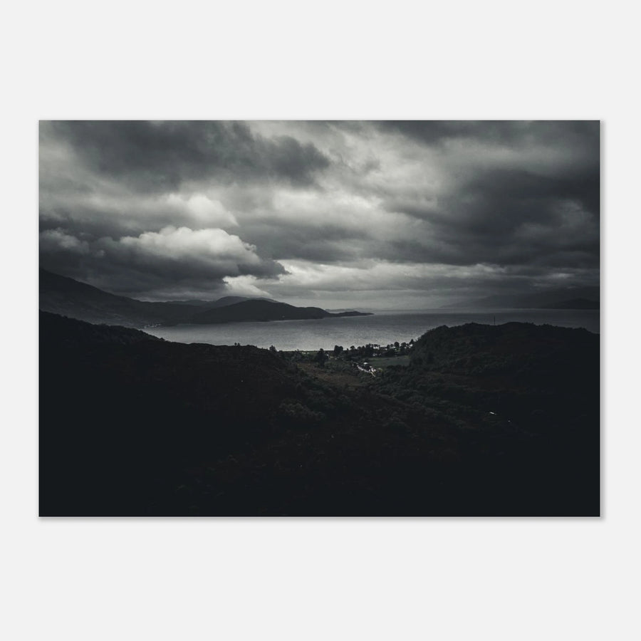 Loch Linnhe Scottish Highlands wall art showing a dark moody view over the sea loch with distant hills and heavy storm clouds above the Scottish coastline