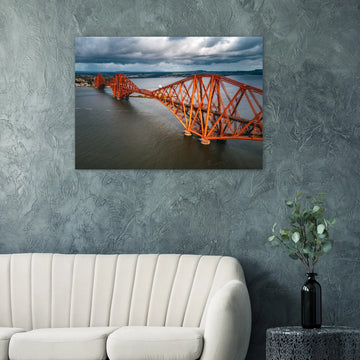 Forth railway bridge aerial wall art with red cantilever spans over the Firth of Forth