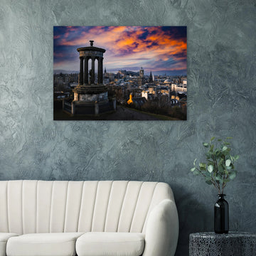 Edinburgh Calton Hill sunset wall art with Dugald Stewart Monument and moody sky over city skyline