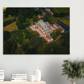 Rosslyn Chapel aerial wall art showing chapel roof, churchyard and Roslin Glen trees