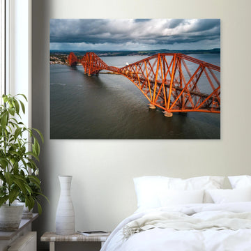 Forth railway bridge aerial wall art with red cantilever spans over the Firth of Forth