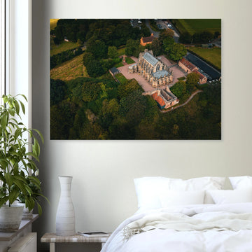 Rosslyn Chapel aerial wall art showing chapel roof, churchyard and Roslin Glen trees