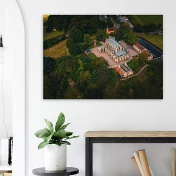 Rosslyn Chapel aerial wall art showing chapel roof, churchyard and Roslin Glen trees