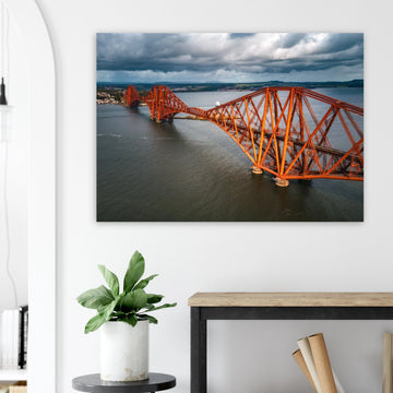 Forth railway bridge aerial wall art with red cantilever spans over the Firth of Forth