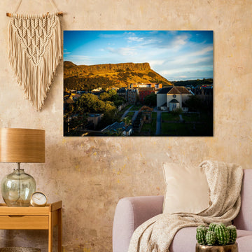 Arthur’s Seat sunset wall art with hill silhouette and glowing sky over Edinburgh cityscape